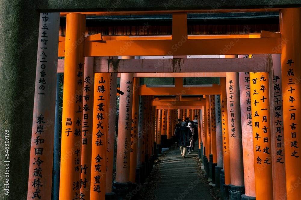 People walking through the Fushimi-Inari Taisha shrine columns with Japanese writings People walking through the Fushimi-Inari Taisha shrine columns with Japanese writings