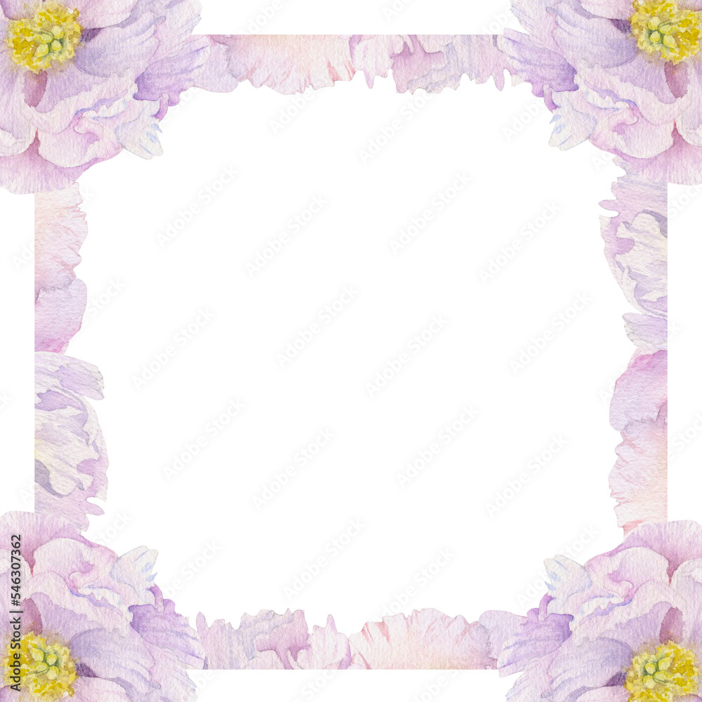 Watercolor square frame arrangement with hand drawn delicate pink peony flowers, buds and leaves. Isolated on white background. For invitations, wedding, love or greeting cards, paper, print, textile Watercolor square frame arrangement with hand drawn delicate pink peony flowers, buds and leaves. Isolated on white background. For invitations, wedding, love or greeting cards, paper, print, textile
