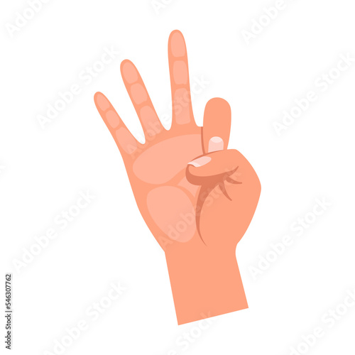 Cartoon person hand showing number three with fingers isolated on white background. Hand of people counting vector illustration. Gestures, education concept