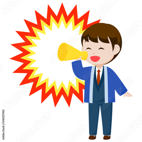 シンプルな主線なしのイラスト / メガホンで呼び込みをしているスーツの男性