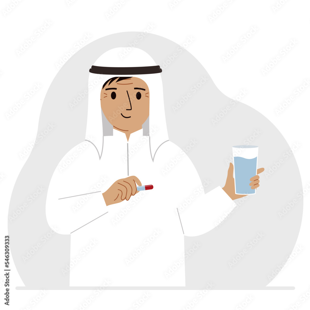 A man in one hand holds medicine or a pill in another glass of water. The concept of taking medicine to treat diseases, taking vitamins or food supplements with water.