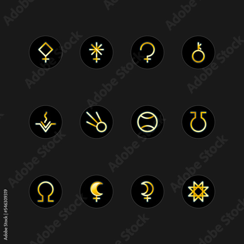 ASTEROID GODDESSES zodiac horoscope thin line label linear design esoteric stylized elements symbols signs. Vector illustration icons photo
