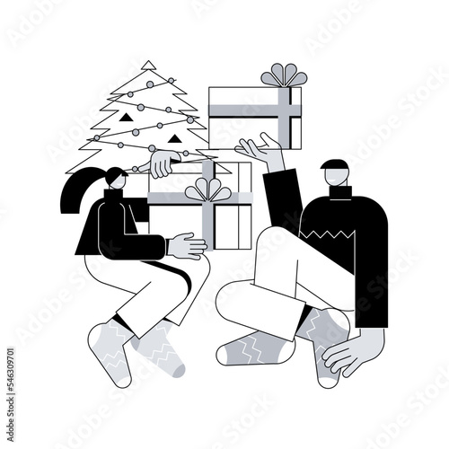 Winter holidays abstract concept vector illustration. New year celebration, winter holidays activities, Christmas eve, giving present, room and tree decor, ski resort vacation abstract metaphor.