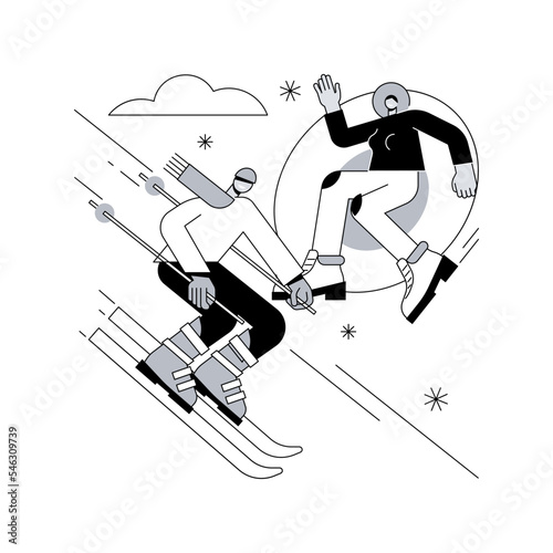 Winter outdoor fun abstract concept vector illustration. Winter activity for kids, having fun in snow, family time outdoors, building a snowman, snowball fight, sledding abstract metaphor.