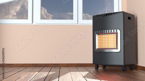 LPG gas heater. Portable indoor natural gas heater in a room. Heating home interior view. Original 3D render.