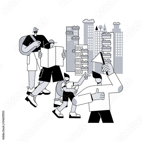 City tour abstract concept vector illustration. City tourist excursion group, modern urban tourism, sightseeing with guide, double decker bus, vacation, old town, taking photos abstract metaphor.