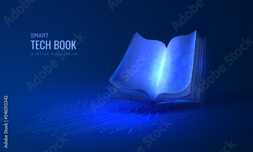 Digital book for learning in futuristic style. A hologram of a book with a luminous effect on the background of the circuit board. Neon vector illustration for landing page