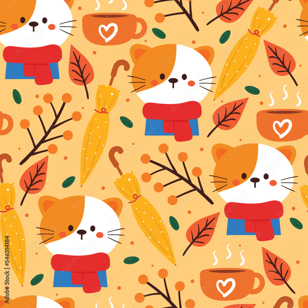 Fototapeta premium seamless pattern cartoon cat and autumn vibes. cute animal wallpaper for textile, gift wrap paper