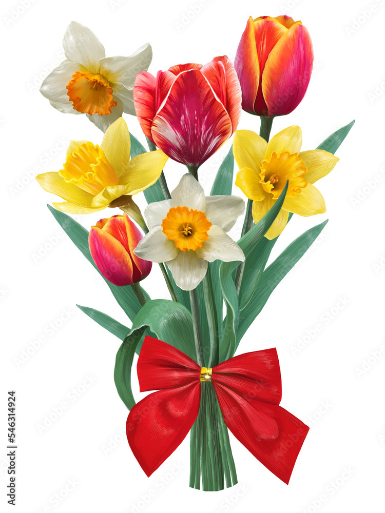 bouquet of daffodils and tulips tied with a red satin bow illustration