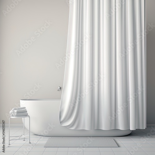 Blank white closed shower curtain mock up, front view, 3d rendering. Empty toilet apartment with bath curtain mockup. Screen blind slip in indoor furniture template. High quality illustration photo