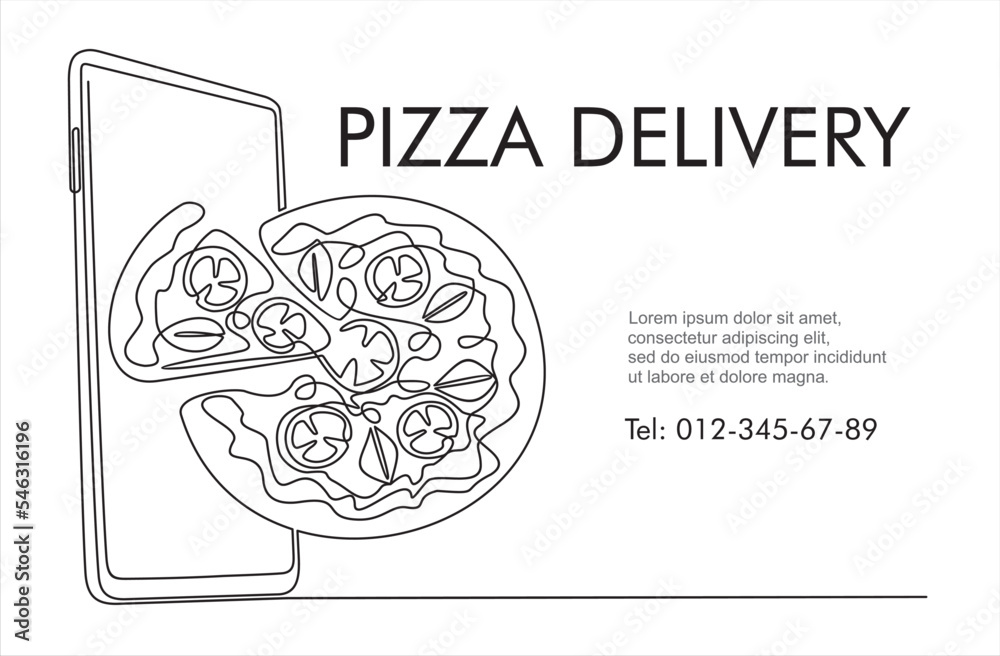 Free pizza delivery concept , smartphone screen with pizza in continuous one line vector drawing. Online buy Free pizza delivery concept , smartphone screen with pizza in continuous one line vector drawing. Online buy