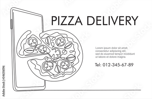 Free pizza delivery concept , smartphone screen with pizza in continuous one line vector drawing. Online buy
