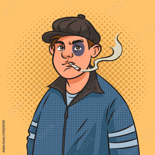 Hooligan bully man with black eye pinup pop art retro vector illustration. Comic book style imitation.