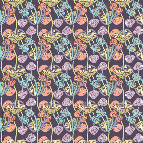 Magic mushrooms seamless pattern. Psychedelic hallucination. 60s hippie retro...