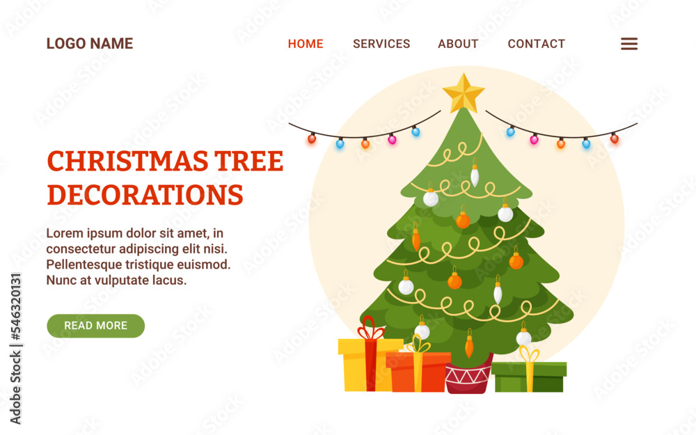 Naklejka premium Landing page tamplate with Christmas tree. Xmas decoration, sale of firs, garland, decor for home. Vector festive background, banner, website, store, advertising