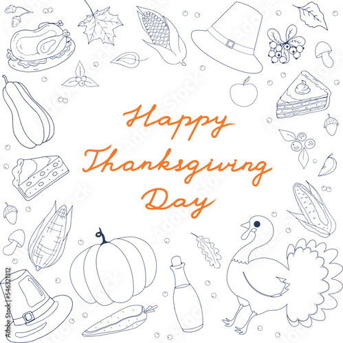 Happy Thanksgiving Day vector art. Hand drawn text in a frame of traditional food and stuff. Simple contour elements background