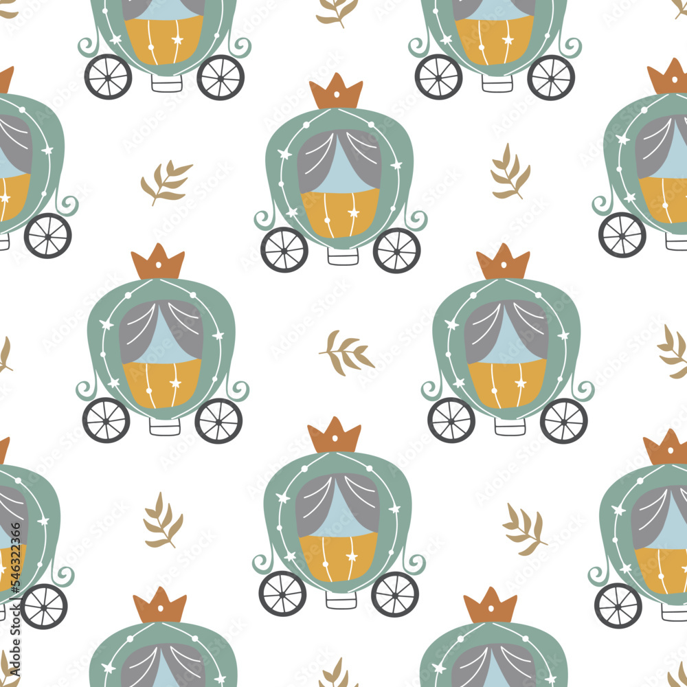 Childish seamless pattern of princess carriage hand drawn on white background for your design