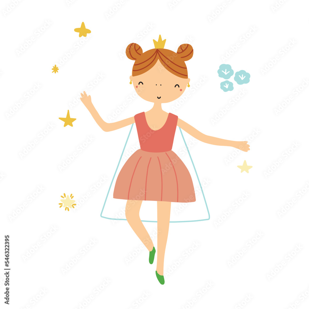 Childish vector illustration of a cute dancing princess isolated on white background for your design