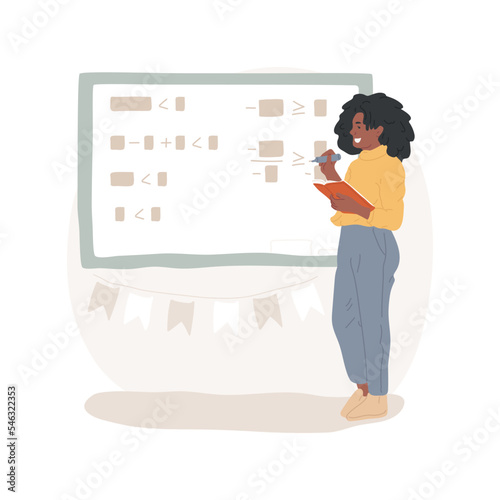 Solving equations and inequalities isolated cartoon vector illustration. Middle school math lesson, student solving equations and inequalities on blackboard, finding solution vector cartoon.