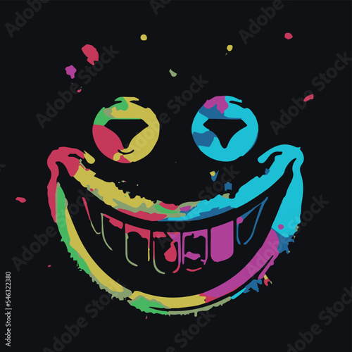 Acid colorful smiley. Paint splatter graffiti style emoji. Funny face cartoon sticker. Modern retro doodle. Cool T shirt design. Urban style. Dripping paint. Acid psychedelic face. Neon melting grunge