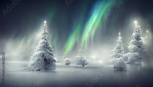white trees and northern lights, christmas background, digital illustration, created with generative ai
