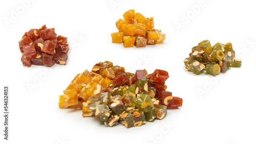 Turkish traditional delight with nuts isolated on white background.
