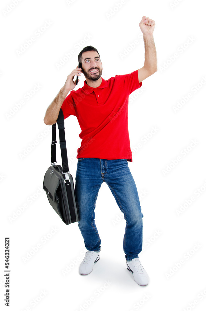 Happy businessman talking on his phone and celebrating, laughing. Great news. Cool man standing with computer briefcase talking on mobile phone.Isolated on white background. Studio shot Happy businessman talking on his phone and celebrating, laughing. Great news. Cool man standing with computer briefcase talking on mobile phone.Isolated on white background. Studio shot