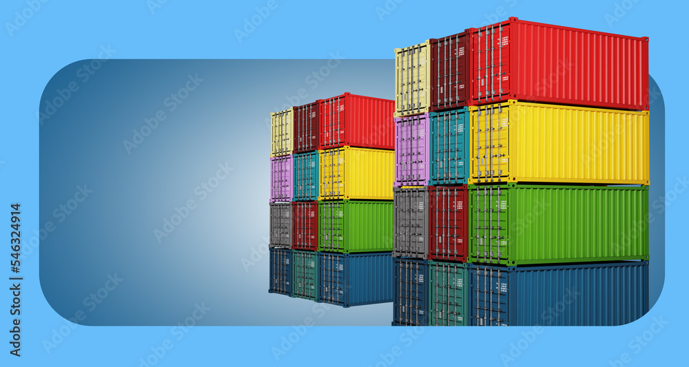 Fototapeta premium Cargo sea containers of different colors. Transport metal containers are stored on top each other. 20 foot sea containers on blue. Copy space. Metal tare for long term storage. Sea export. 3d image