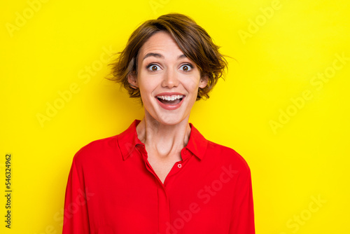 Photo of ecstatic gorgeous optimistic woman bob hairdo wear red shirt impressed by super season sale isolated on yellow color background © deagreez