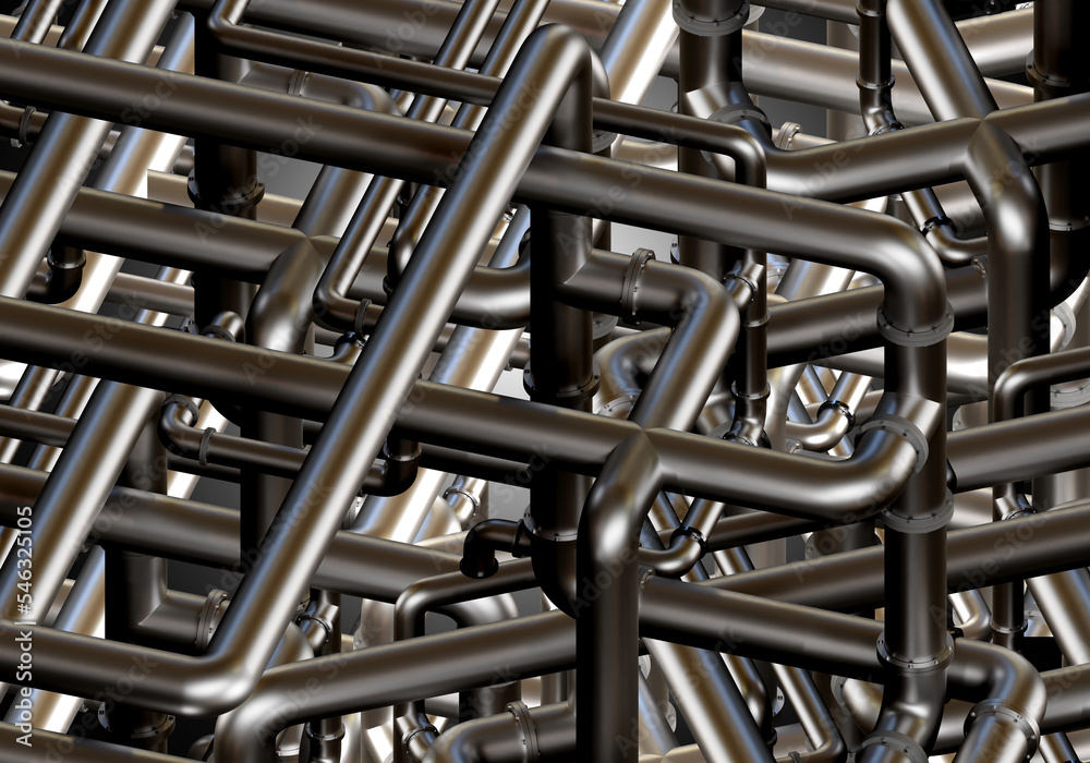 Tangled pipes background. Texture with intertwining pipes. Steel plumbing. Metal pattern with pipes. Background on theme of engineering communications. Production concept. 3d rendering.