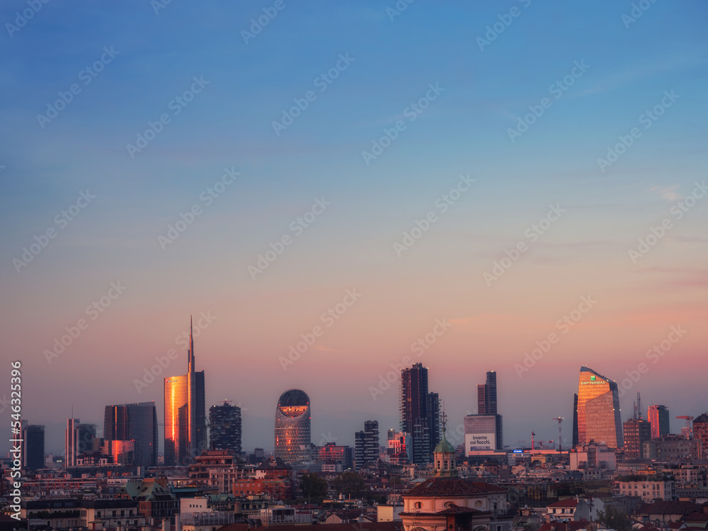 Skyline of Milan city at dusk