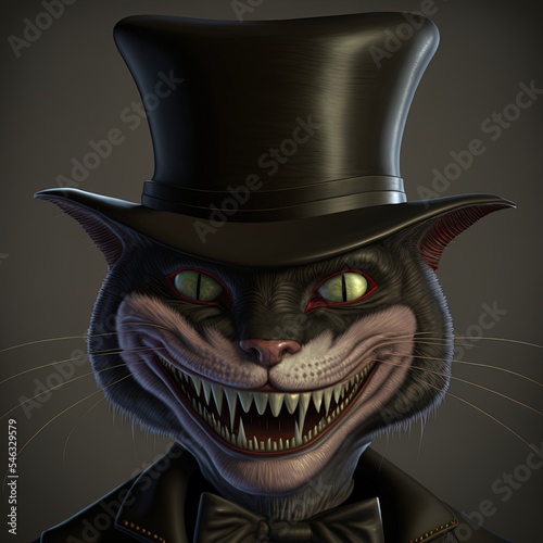 3d illustration of a sinister Cat Man in a top hat grinning High quality illustration.