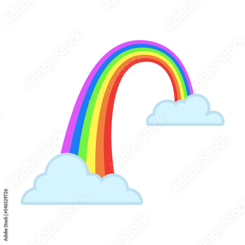 Rainbow flying with clouds cartoon illustration. Childish rainbow isolated on white background. Weather, sky, patch concept