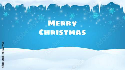 Winter season scene with icicles drips. Merry Christmas snow background. Vector 3d illustration glowing snowflakes falling. Winter landscape, blue sky, snowstorm. Empty space for product design.
