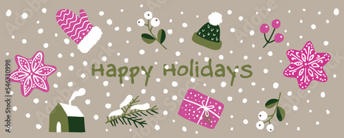 Happy holidays icons elements banner card with stars, mistle toes and other christmas elements - horizontal Vector illustration