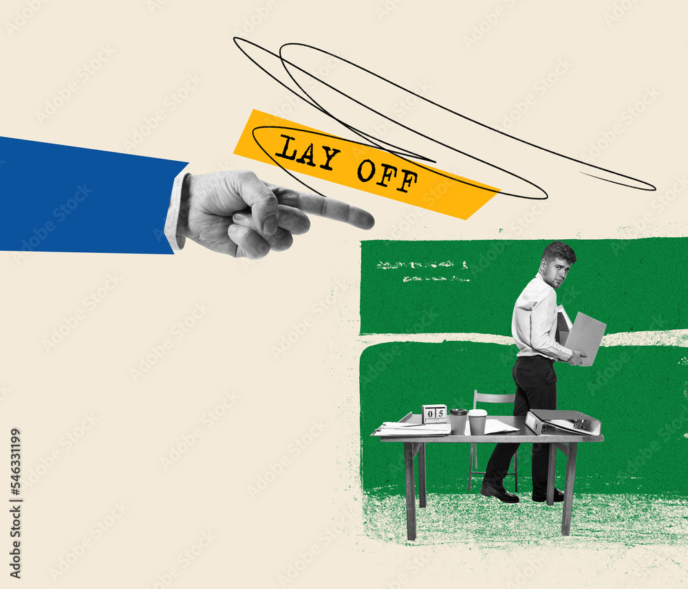 Contemporary art collage. Conceptual design with boss hand pointing at employee and laying him