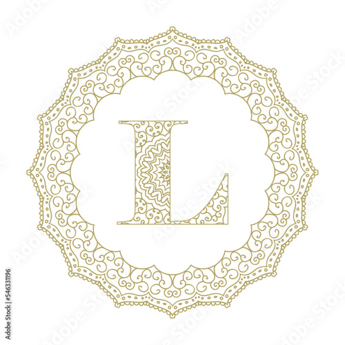 golden floral mandala frame, letter l