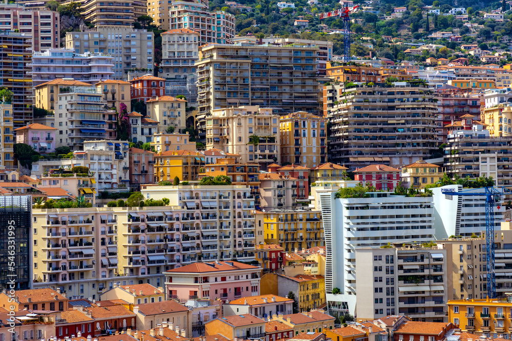 Fototapeta premium Panoramic view of Monaco metropolitan area with Carrieres Malbousquet and Les Revoires quarters at Mediterranean Sea coast