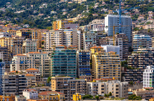 Panoramic view of Monaco metropolitan area with Carrieres Malbousquet and Les Revoires quarters at Mediterranean Sea coast photo