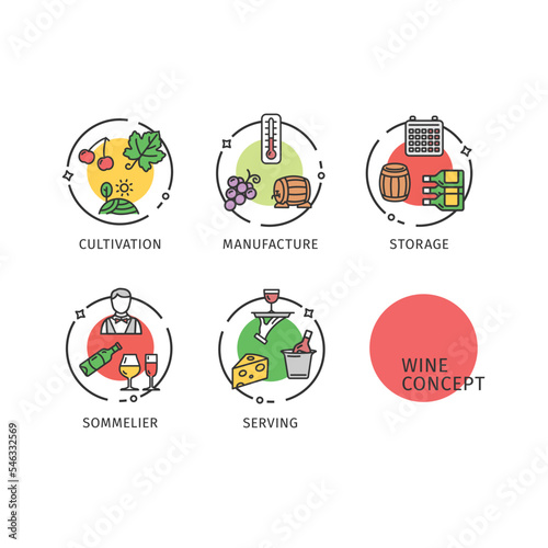Wine Concept Thin Line Icons Labels Set. Vector