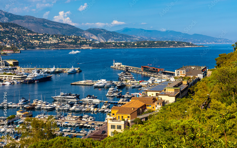 Panoramic view of Monaco metropolitan area with Hercules Port and Monte Carlo quarter at Mediterranean Sea coast