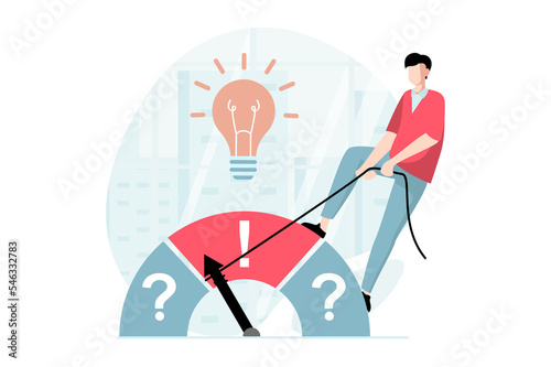 Finding solution concept with people scene in flat design. Man generates new ideas and thinking about questions, tries to find right direction. Illustration with character situation for web photo