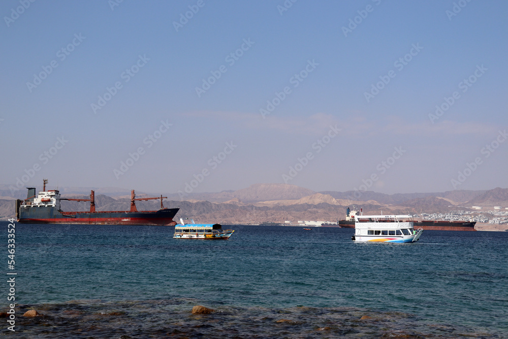 Aqaba, Jordan - cargo ship in the Red Sea (Gulf of Aqaba)