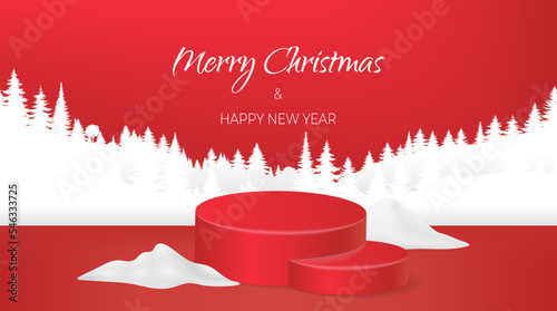 Winter season scene with round podium step. Merry Christmas and happy new year background banner. Vector  illustration landscape mountain forest paper silhouette. Red backdrop paper tree.