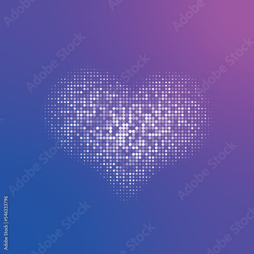 Beautiful unusual square illustration of a heart in the form of white, blue and purple gradient dots on a multicolored blue and purple gradient background. Spotted heart against a multi-colored