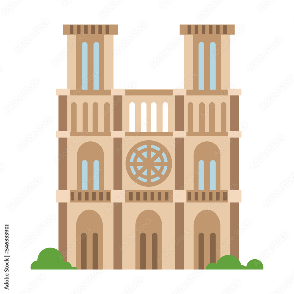 Fototapeta premium Colorful France famous church cathedral and travel symbol. Cartoon vector illustration. France culture journey concept