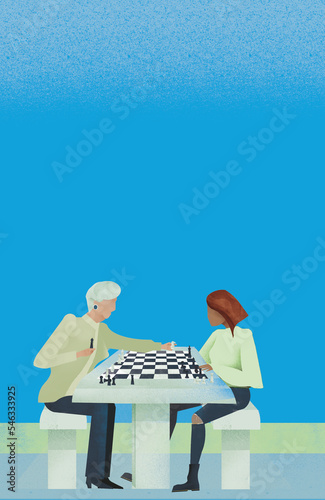 Young woman and older woman playing chess in the park (ID: 546333925)