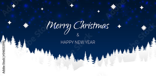 Snow falling in winter season, shiny stars. Merry Christmas and happy new year background banner. Vector  illustration landscape mountain forest paper silhouette. Night blue sky with snowflakes.