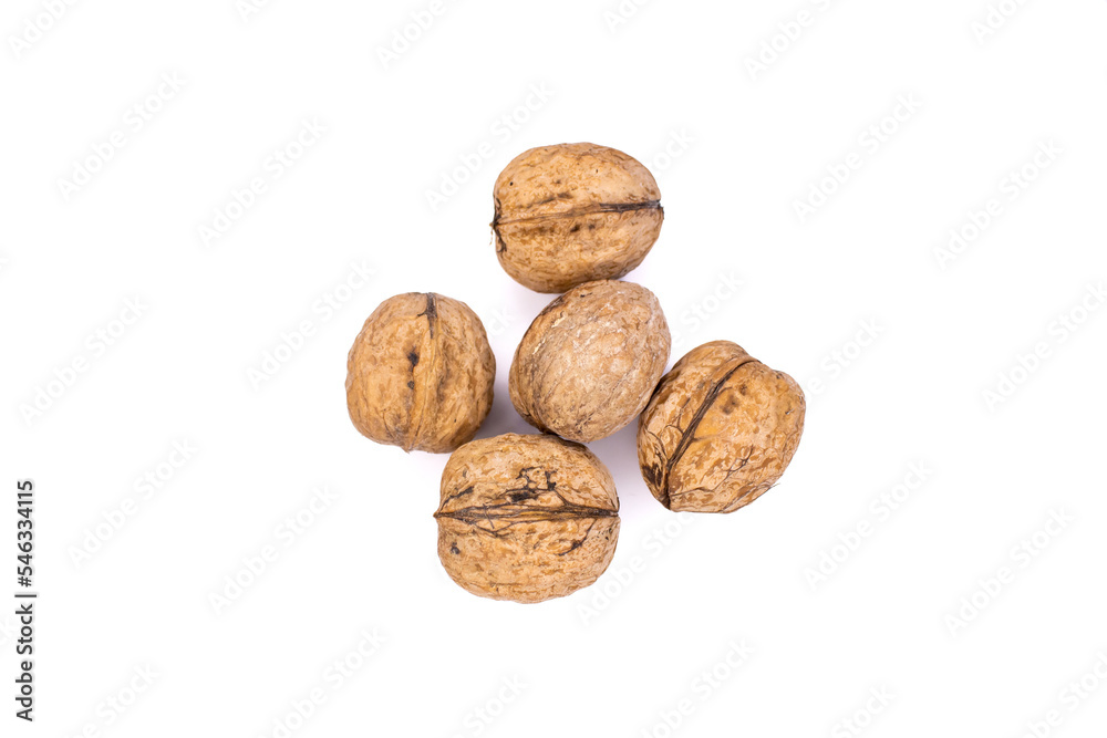 Group of walnuts isolated on white background. Top view. Group of walnuts isolated on white background. Top view.