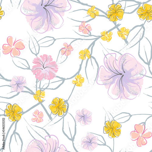 Pink Flowers Blooming Pattern. Pastel Watercolor.